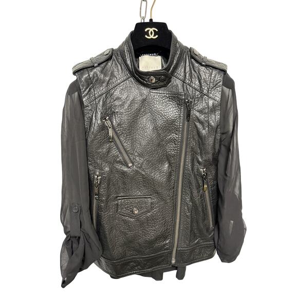 Ashley B Jacket Womens XS Black Mixed Media Leather Moto Asym Zip Sheer Sleeves - Picture 1 of 15